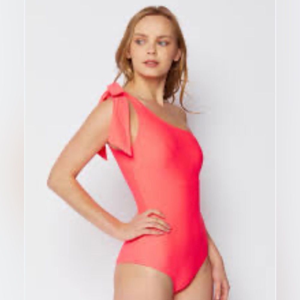 Unique Vintage Bright Coral One Shoulder One Piece Swimsuit Bow Tie XXL NWT